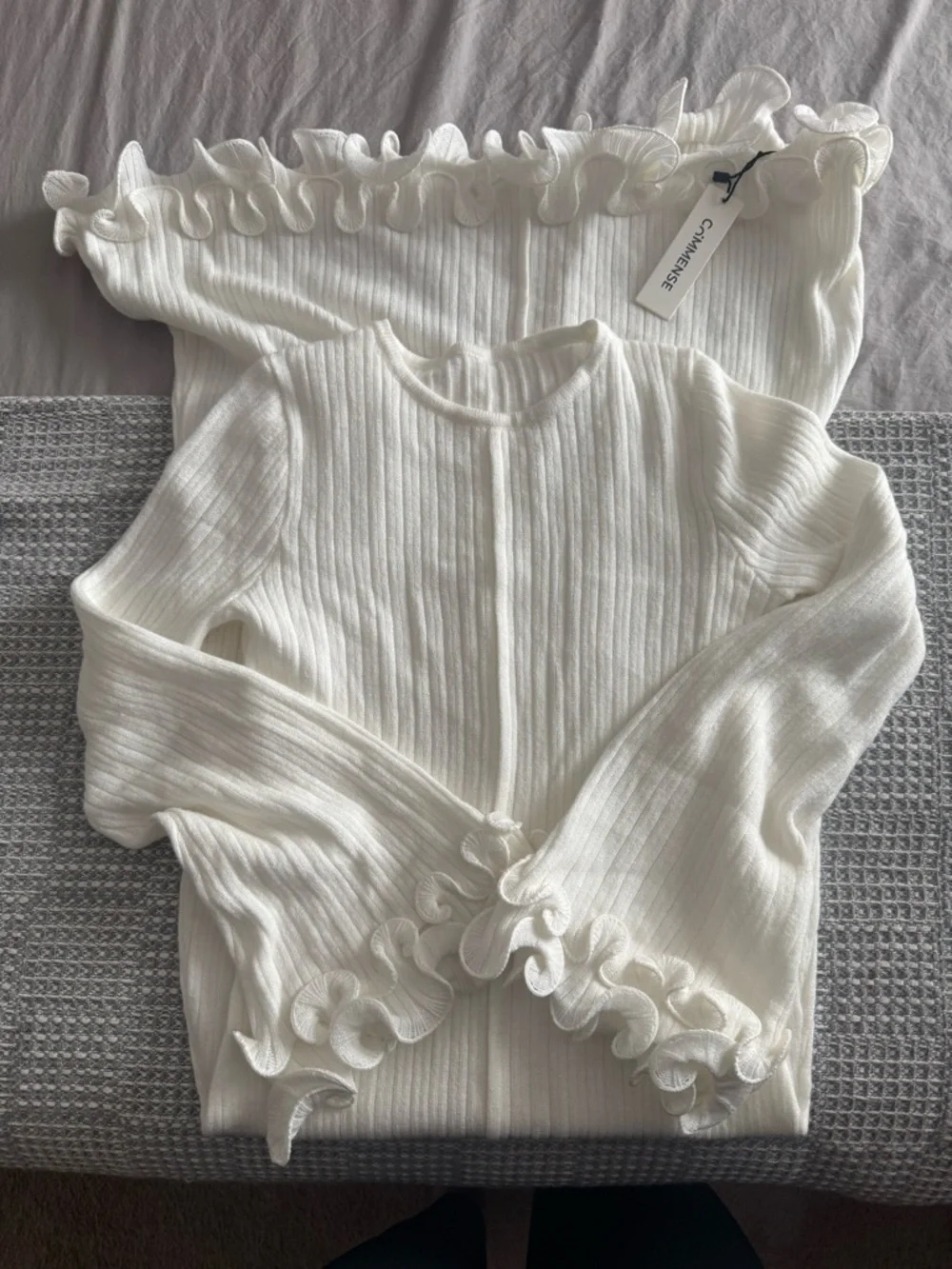 Commense Semi-Sheer Piping Ruffle Drawstring Knit Dress - Picture 4 of 5